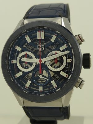 Tag Heuer ref CAR2A1W Steel & Blue Ceramic 43mm Automatic Calibre 02 Carrera Chronograph on Strap In Sharp Condition with Box & Papers