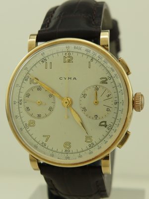 Cyma 1940s 14k Gold 38mm Manual cal.400L Two Register Chronograph in Amazing Vintage Condition