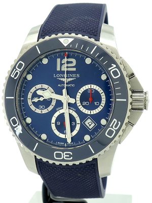 Longines ref L38834969 Steel Auto 43mm Blue Dial HydroConquest Chrono on Rubber