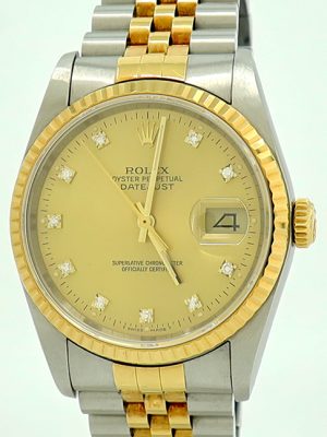 Rolex ref 16233 Steel Auto 36mm Gold Diamond Dial Oyster Perpetual Datejust on Jubilee