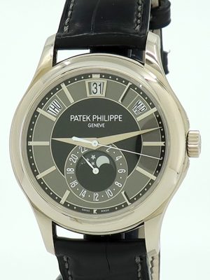 Patek Philippe ref 5205G 18k WG Auto 40mm Black/Grey Dial Annual Calendar Moon Phase on Strap w/B&P