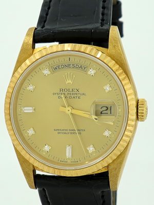 Rolex ref 18238A 18k Yellow Gold 36mm Gold Diamond Dial Oyster Perpetual Day-Date on Strap