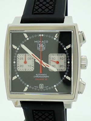 Tag Heuer ref CAW2114 Steel Auto 39mm Black Dial Monaco Chronograph on Rubber