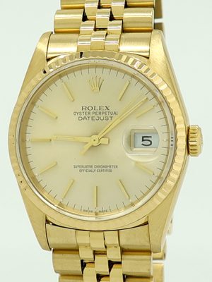 Rolex ref 16238 18k YG Auto 36mm Champagne Dial Oyster Perpetual Datejust on Jubilee w/B&P