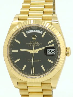 Rolex ref 228238 18k YG Auto Black Dial Oyster Perpetual Day-Date 40 on President w/Everything