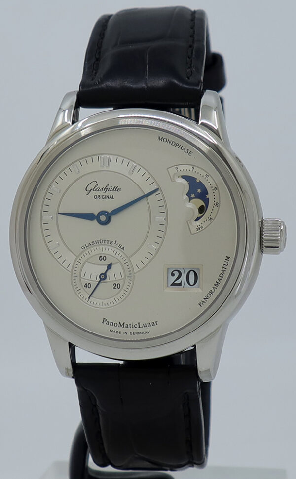 Glashutte Original ref 90-02-02-02-04 Steel Auto 39mm PanoMaticLunar Panoramadatum MoonPhase on Strap w/B&P