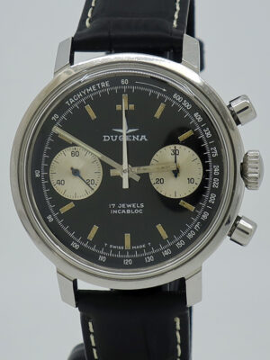 Dugena ref 517 Steel Manual 37mm cal.7733 Reverse Panda Dial 2 Register Chronograph on Strap c.1960s