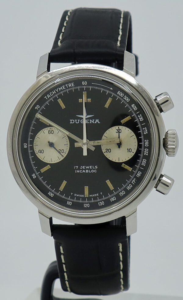 Dugena ref 517 Steel Manual 37mm cal.7733 Reverse Panda Dial 2 Register Chronograph on Strap c.1960s