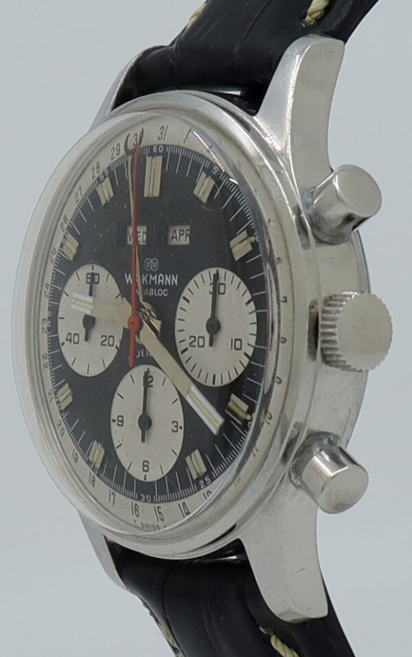 Wakmann ref 71.1309.70 Steel Manual 38mm Reverse Panda Dial Triple Calendar Chronograph on Strap c.1960s - Image 2