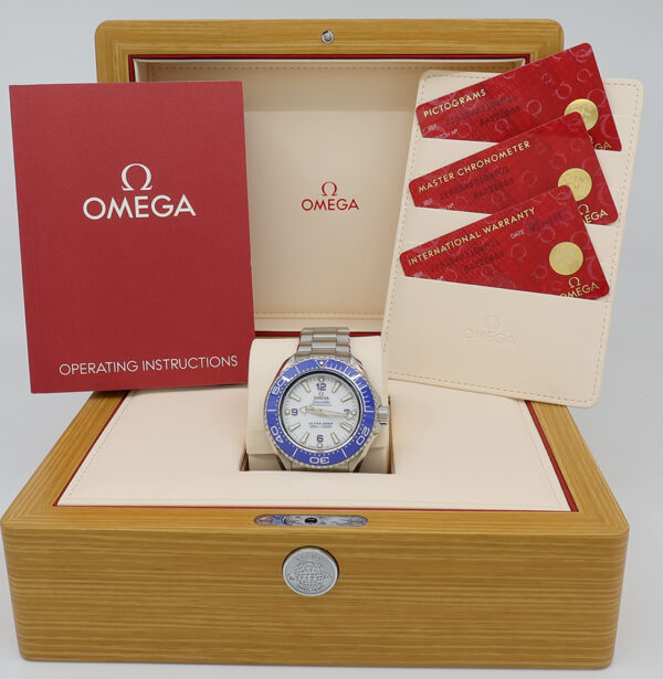 Omega ref 21530462104001 Steel Auto 45.5mm White Dial Blue Bezel Seamaster Planet Ocean 6000m Ultra Deep on Brac w/B&P - Image 7