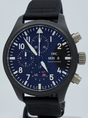 IWC ref IW389101 Black Ceramic Auto 44mm Black Dial Pilot Top Gun Chrono on Strap w/B&P