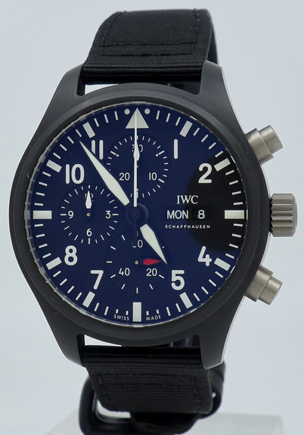 IWC ref IW389101 Black Ceramic Auto 44mm Black Dial Pilot Top Gun Chrono on Strap w/B&P