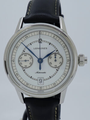 Longines ref L28004232 Steel Auto 41mm White Dial Heritage Single Pusher 2 Register Chrono on Strap