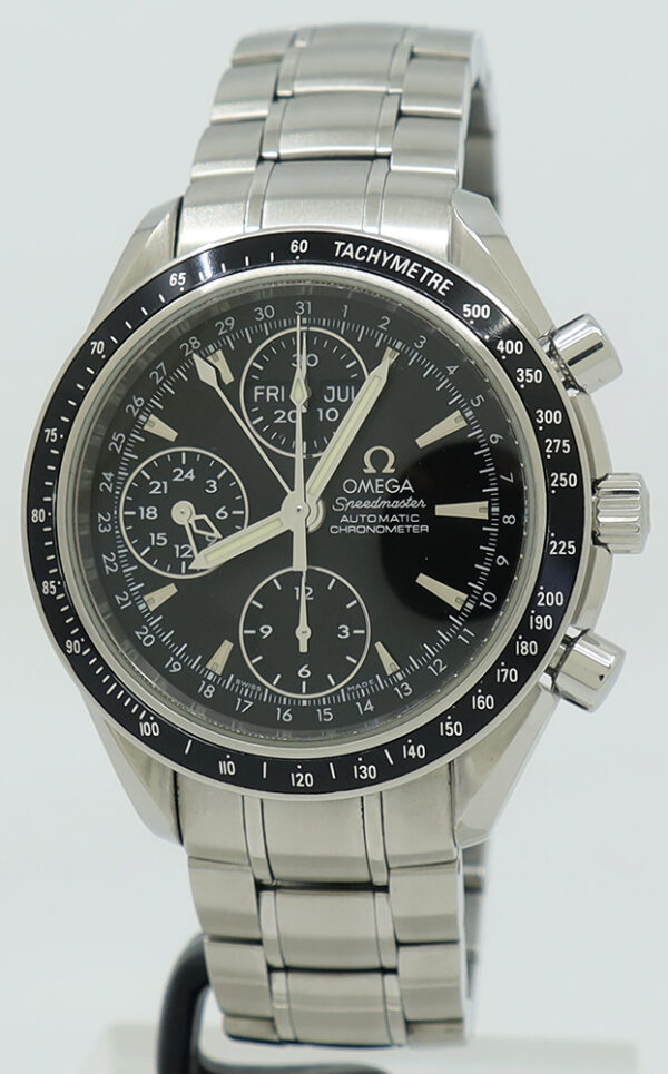 Omega ref 3220.50.00 Steel Auto 40mm Black Dial Speedmaster Triple Calendar Chrono on Bracelet