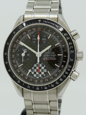 Omega ref 3529.50.00 Steel Auto 39mm Carbon Fibre Dial Speedmaster Triple Calendar Chrono LE 2002 Schumacher on Brac w/Box