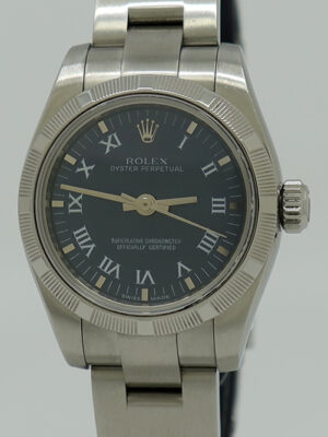 Rolex ref 176210 Steel Auto 26mm Blue Roman Dial Engine Turned Bezel Oyster Perpetual on Oyster w/Everything
