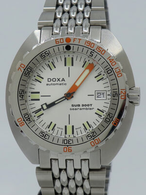 Doxa ref 821.10.021.10 Steel Auto 42mm Silver Dial 50th Anniversary Sub 300T Searambler Diver on Brac w/B&P